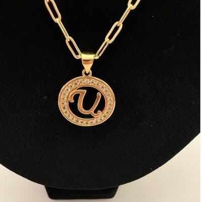 Gold-Tone Initial “U” Charm with Paper Clip Gold Necklace - Thumbnail 2