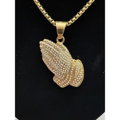 2" Crystal Praying Hands Pendant with 24" Chain–Gold Plated 925 Sterling Silver - Image 1