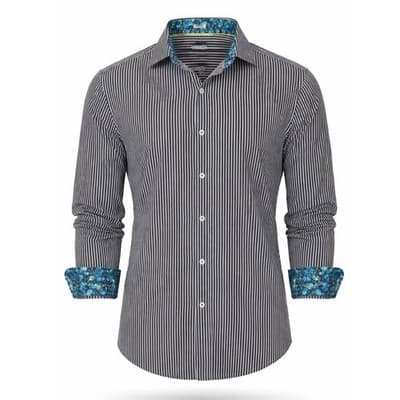 Bugatchi Uomo Men’s Large Black White Striped Button Down Cotton Shaped Fit - Image 1