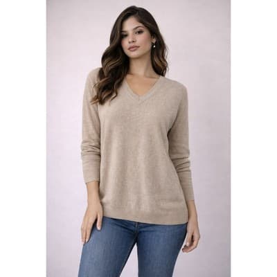 Embassy Row 100% Cashmere Sweater Womens Large Beige V-Neck Luxury Knit - Image 1