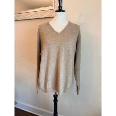 Embassy Row 100% Cashmere Sweater Womens Large Beige V-Neck Luxury Knit - Thumbnail 2