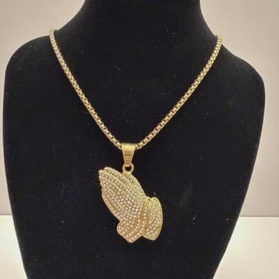 2" Crystal Praying Hands Pendant with 24" Chain–Gold Plated 925 Sterling Silver - Thumbnail 2