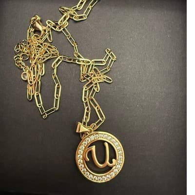 Gold-Tone Initial “U” Charm with Paper Clip Gold Necklace - Thumbnail 4