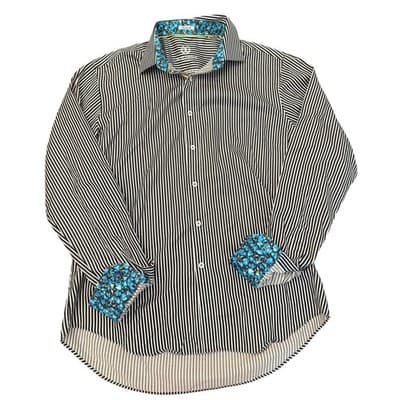 Bugatchi Uomo Men’s Large Black White Striped Button Down Cotton Shaped Fit - Thumbnail 2
