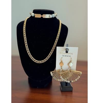 (3 Pc) Pomina Necklace Bracelet Earrings Set Boho Fan Earrings Chunky Gold Chain - Image 1