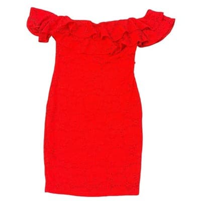 Red Lace Off Shoulder Ruffle Bodycon Dress Romantic Size Large - Thumbnail 2