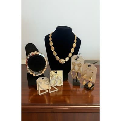 (6 Pc) Pomina Necklace Bracelet Gold Silver Earrings Gold Chain Jewelry Bundle - Image 1