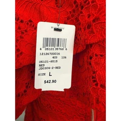 Red Lace Off Shoulder Ruffle Bodycon Dress Romantic Size Large - Thumbnail 5