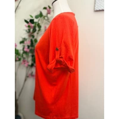 Michael Kors Coral Top Gold Detail Keyhole Neck Short Sleeve Blouse Size Large - Thumbnail 3