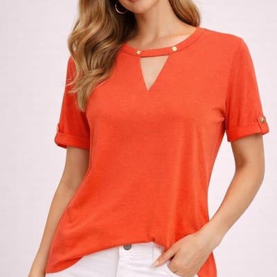 Michael Kors Coral Top Gold Detail Keyhole Neck Short Sleeve Blouse Size Large - Image 1