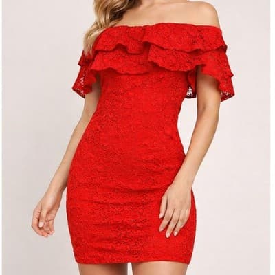 Red Lace Off Shoulder Ruffle Bodycon Dress Romantic Size Large - Image 1