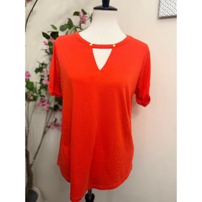 Michael Kors Coral Top Gold Detail Keyhole Neck Short Sleeve Blouse Size Large - Thumbnail 2