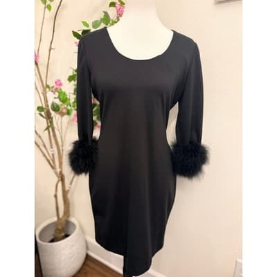 Tommy Hilfiger Black Shift Dress Faux Fur Sleeve Trim Chic Mini Dress Size 8 - Thumbnail 2