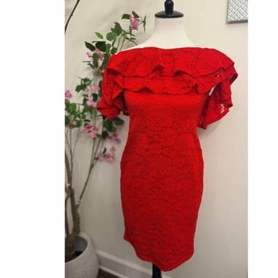 Red Lace Off Shoulder Ruffle Bodycon Dress Romantic Size Large - Thumbnail 3