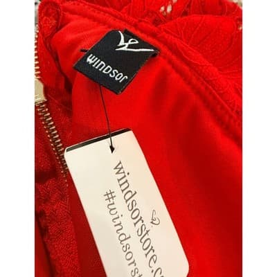 Red Lace Off Shoulder Ruffle Bodycon Dress Romantic Size Large - Thumbnail 7