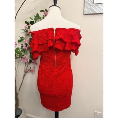 Red Lace Off Shoulder Ruffle Bodycon Dress Romantic Size Large - Thumbnail 4