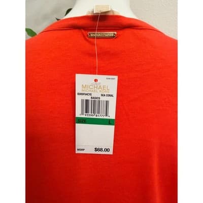 Michael Kors Coral Top Gold Detail Keyhole Neck Short Sleeve Blouse Size Large - Thumbnail 5