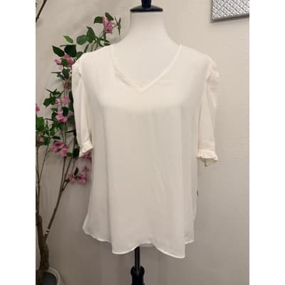 Worthington Ivory Blouse L V-Neck Ruffle Sleeve Flowy Work Top Size Large - Thumbnail 2