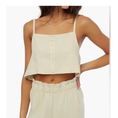 WeWoreWhat Linen Trapeze Tank Top NWT Tan Cropped Button Front Size Large - Image 1