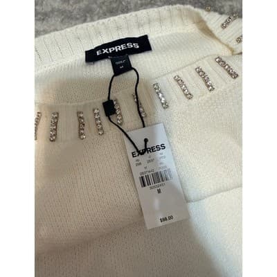 Express Rhinestone Embellished Sweater Ivory Crewneck Pullover Size M NWT - Thumbnail 4