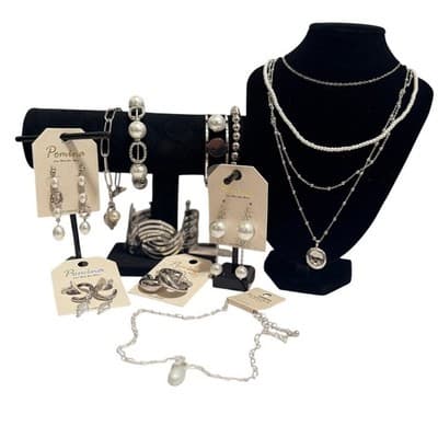 10 Pcs Pomina Silver & Pearl Jewelry Bundle – Necklaces, Earrings, Bracelets - Image 1