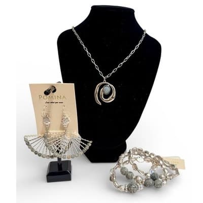 3 Pc Set Pomina Marbled Picasso Jasper Stones – Necklace, Earrings & Bracelet - Image 1