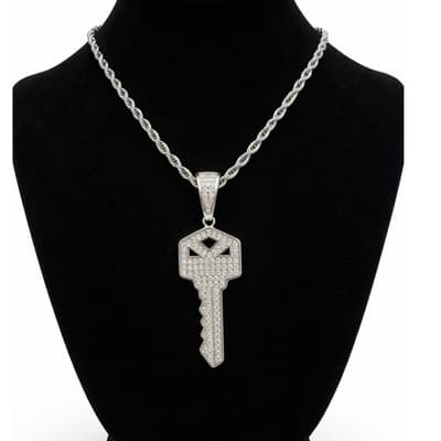 Stunning Iced Out Key Pendant – 14K White Gold–Plated with 22" Chain - Image 1