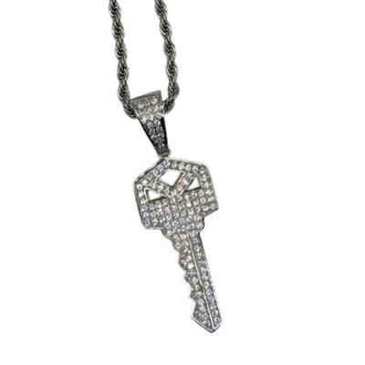 Stunning Iced Out Key Pendant – 14K White Gold–Plated with 22" Chain - Thumbnail 2