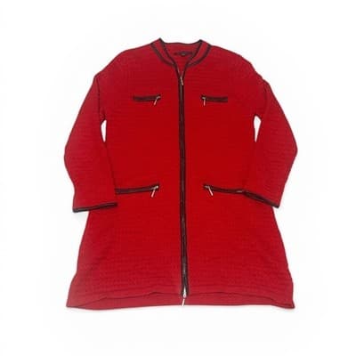 Boston Proper Red Zip Front Sweater Dress Caat Knit Leather Trim - Size XL - Thumbnail 4