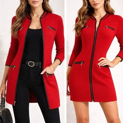 Boston Proper Red Zip Front Sweater Dress Caat Knit Leather Trim - Size XL - Image 1