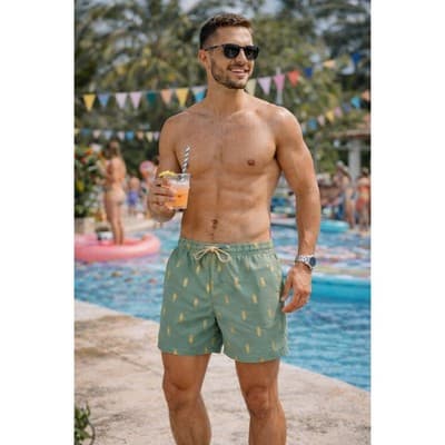 Men’s Medium Cotton Sage Green Gold Pineapple Shorts Resort Beach Summer Vibe - Image 1