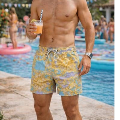 Men's Medium Luxury Scroll Baroque Swim Shorts Inseam Designer Look - Image 1