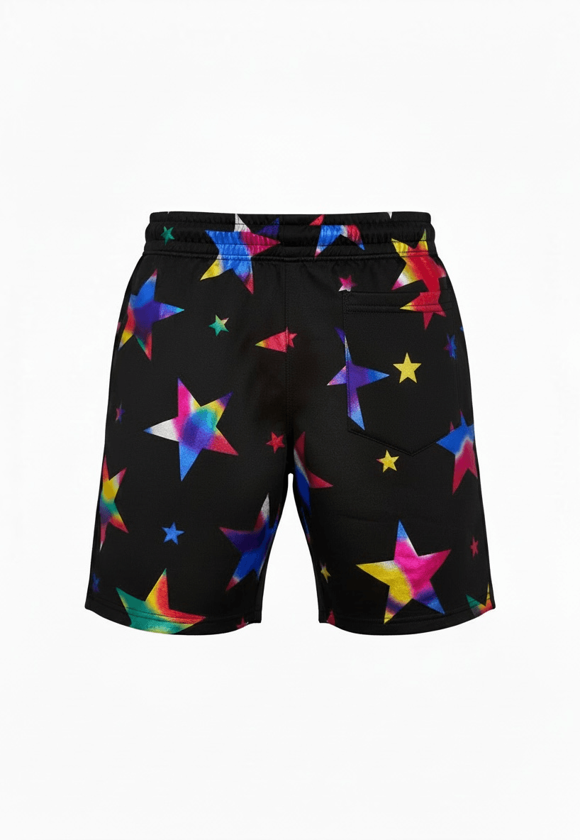 Men’s Multicolor Star Shorts Black Holographic Streetwear Festival Summer - Thumbnail 2