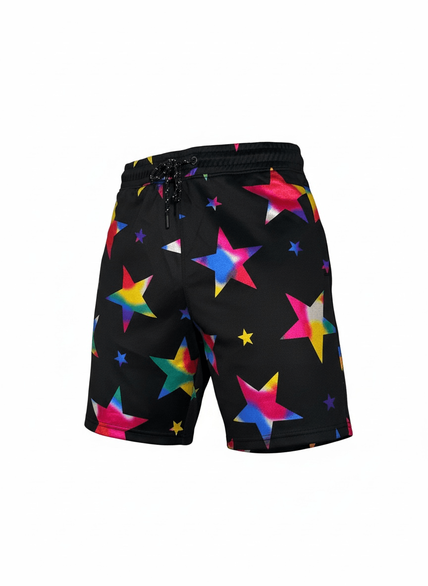 Men’s Multicolor Star Shorts Black Holographic Streetwear Festival Summer - Image 1