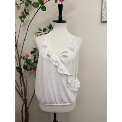 Express White Ruffle Halter Top Sleeveless Wrap Blouse Textured Size Large NWT - Thumbnail 2