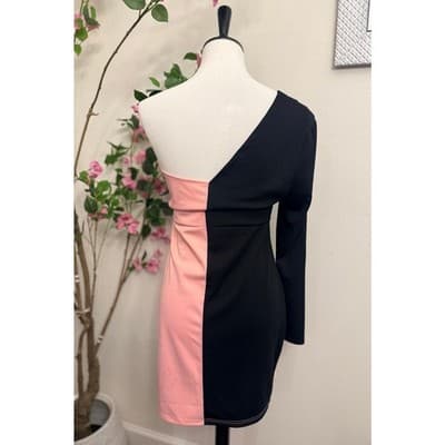 Colorblock One Shoulder Mini Dress Pink Black Asymmetrical Bodycon Party L - Thumbnail 5