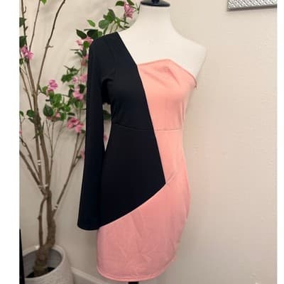 Colorblock One Shoulder Mini Dress Pink Black Asymmetrical Bodycon Party L - Thumbnail 2
