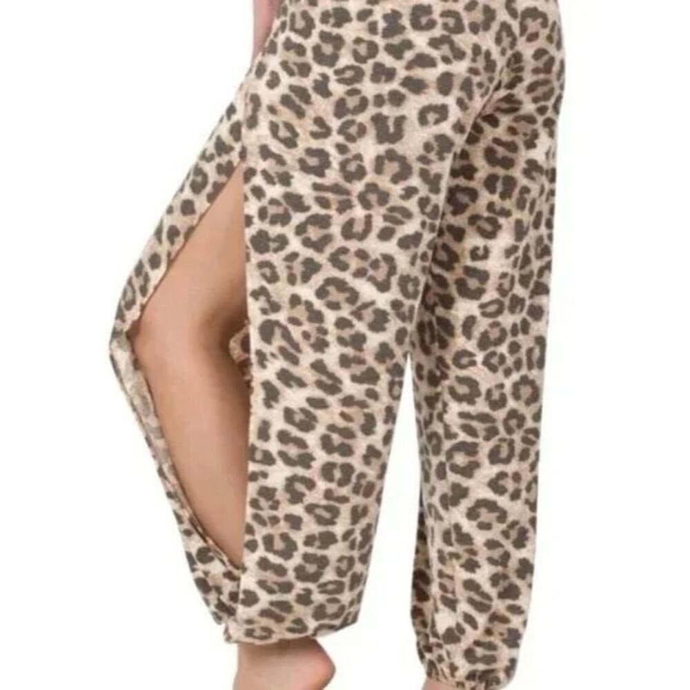 Zenana Plus Size Leopard Split Side Pants Elastic Waist - Thumbnail 2