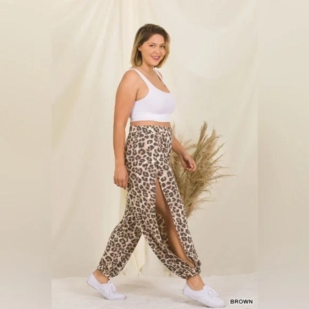 Zenana Plus Size Leopard Split Side Pants Elastic Waist - Thumbnail 3