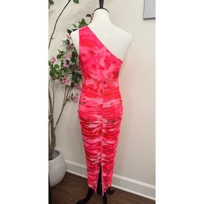 Size Small One Shoulder Ruched Midi Dress Pink Floral Mesh Bodycon - Thumbnail 4