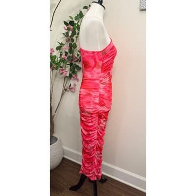 Size Small One Shoulder Ruched Midi Dress Pink Floral Mesh Bodycon - Thumbnail 5