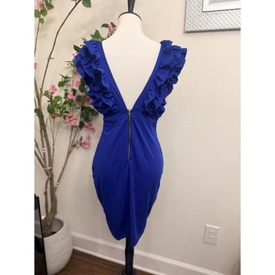 Size Large Royal Blue Ruffle Deep V Bodycon Dress Sleeveless Back Zip Night Out - Thumbnail 4