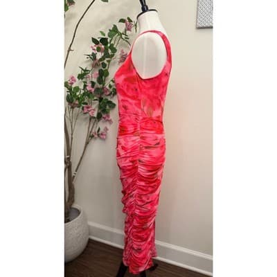 Size Small One Shoulder Ruched Midi Dress Pink Floral Mesh Bodycon - Thumbnail 3