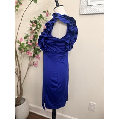 Size Large Royal Blue Ruffle Deep V Bodycon Dress Sleeveless Back Zip Night Out - Thumbnail 3