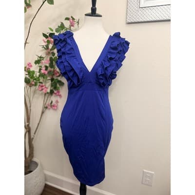 Size Large Royal Blue Ruffle Deep V Bodycon Dress Sleeveless Back Zip Night Out - Thumbnail 2