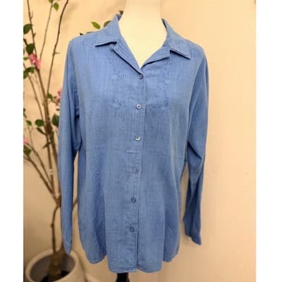Woolrich Blue Embroidered Button Down Shirt Women’s XL Cotton Relaxed Fit - Image 1