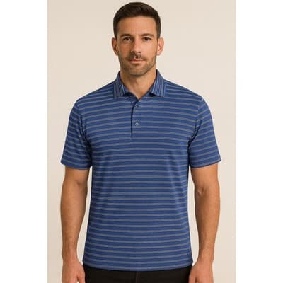 Men's Ahead USA Polo Golf Shirt - Blue/White/Black Stripe - Size M - Image 1