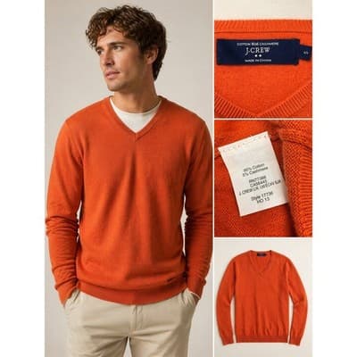 J.Crew Orange Cotton Cashmere V-Neck Sweater Size Small Men - Image 1