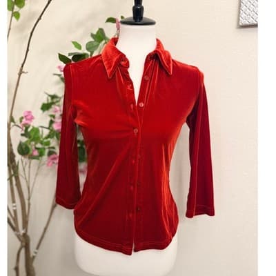 Vintage Red Velvet Button Up Top Size 4 Stretch Fitted Y2K Blouse - Image 1