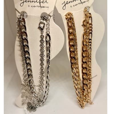 2 Anklet Sets Layered Gold & Silver Chain Butterfly Charm Adjustable NEW - Image 1